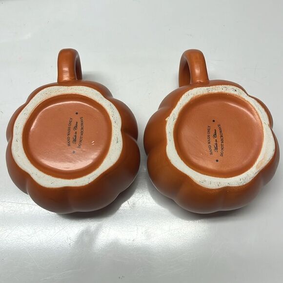 Ceramic Orange Pumpkin Mugs Fall Seasonal Autumn Thanksgiving Set of Two - Picture 6 of 7
